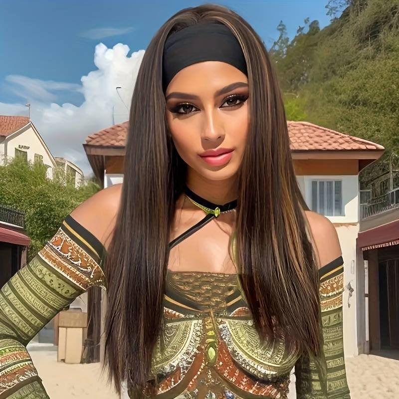 New 26inch Long Straight Headband Wig For Women Light Brown Highlight Glueless Charming Synthetic Hair Wigs
