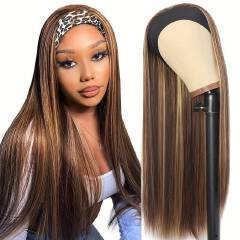 New 70cm  Long Straight Headband Wig For Women Light Brown Highlight Glueless Charming Synthetic Hair Wigs
