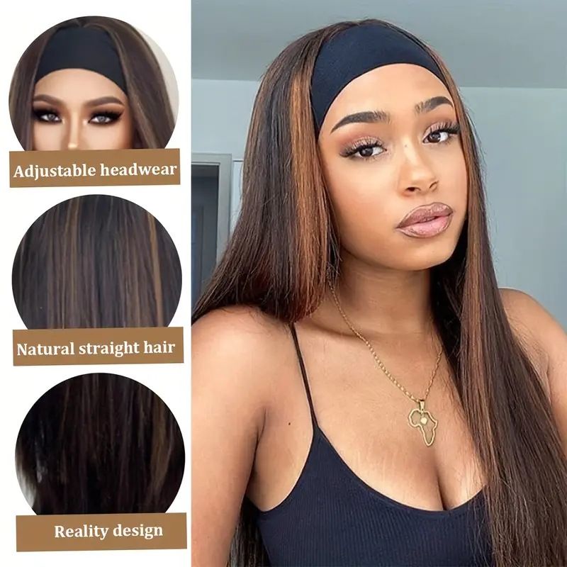New 70cm  Long Straight Headband Wig For Women Light Brown Highlight Glueless Charming Synthetic Hair Wigs
