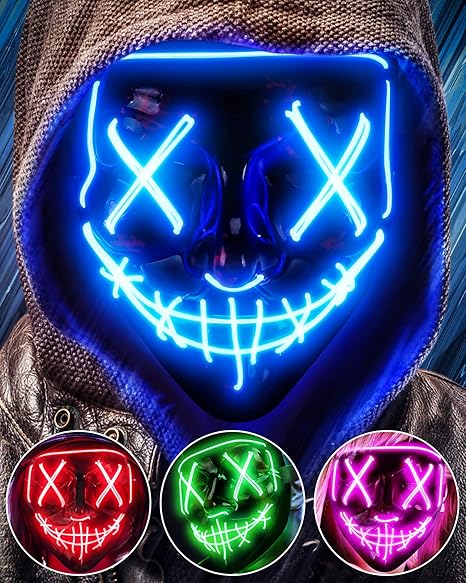 AnanBros Scary LED Halloween Mask, Light up Mask Cosplay, LED Rave Face Mask Costume 3 Lighting Modes, Halloween Face Masks for Men Women Kids