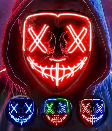 AnanBros Scary LED Halloween Mask, Light up Mask Cosplay, LED Rave Face Mask Costume 3 Lighting Modes, Halloween Face Masks for Men Women Kids