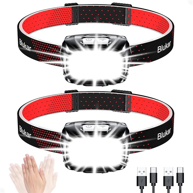 Blukar Head Torch Rechargeable, [2 Pack] 2000L Super Bright Headlamp Headlight with 8 Light Modes, Spotlight Floodlight Combination, Sensor Control, Waterproof, Long Battery Life for Running,Camping [