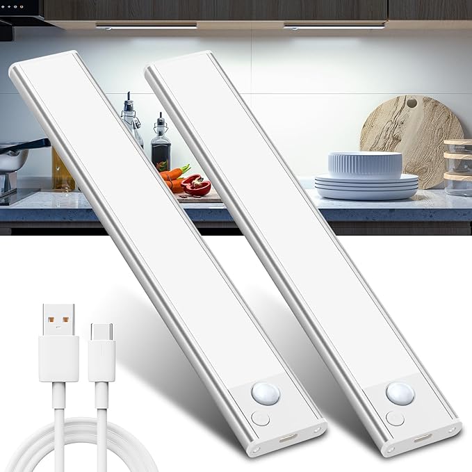Under Cupboard Kitchen Lights LED - Cabinet Light Motion Sensor Indoor Rechargeable Strip Wardrobe Lighting Battery Operated Magnetic Stick on Wireless USB Powered for Shelf Stairs Counter Closet [Ene