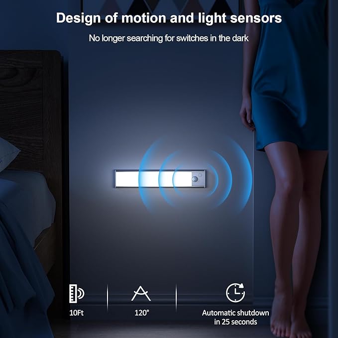 Under Cupboard Kitchen Lights LED - Cabinet Light Motion Sensor Indoor Rechargeable Strip Wardrobe Lighting Battery Operated Magnetic Stick on Wireless USB Powered for Shelf Stairs Counter Closet [Ene