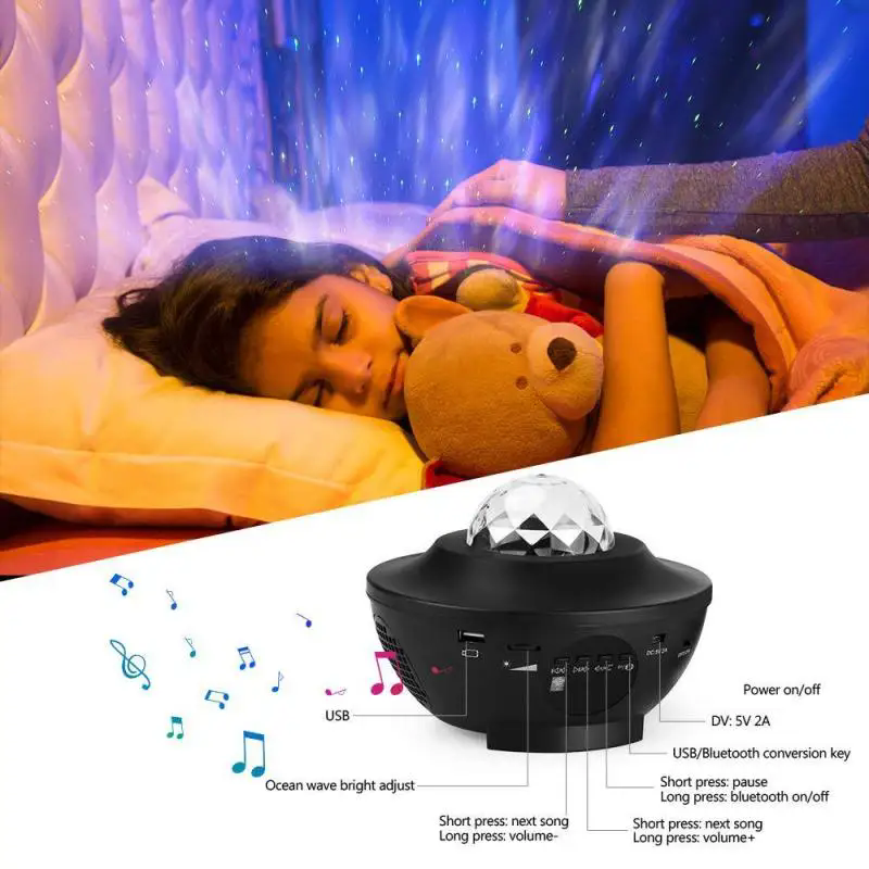 Romantic LED Star Ocean Wave Projector Night Light Galaxy Starry Sky Projector Night Lamp With Music Bluetooth Speaker