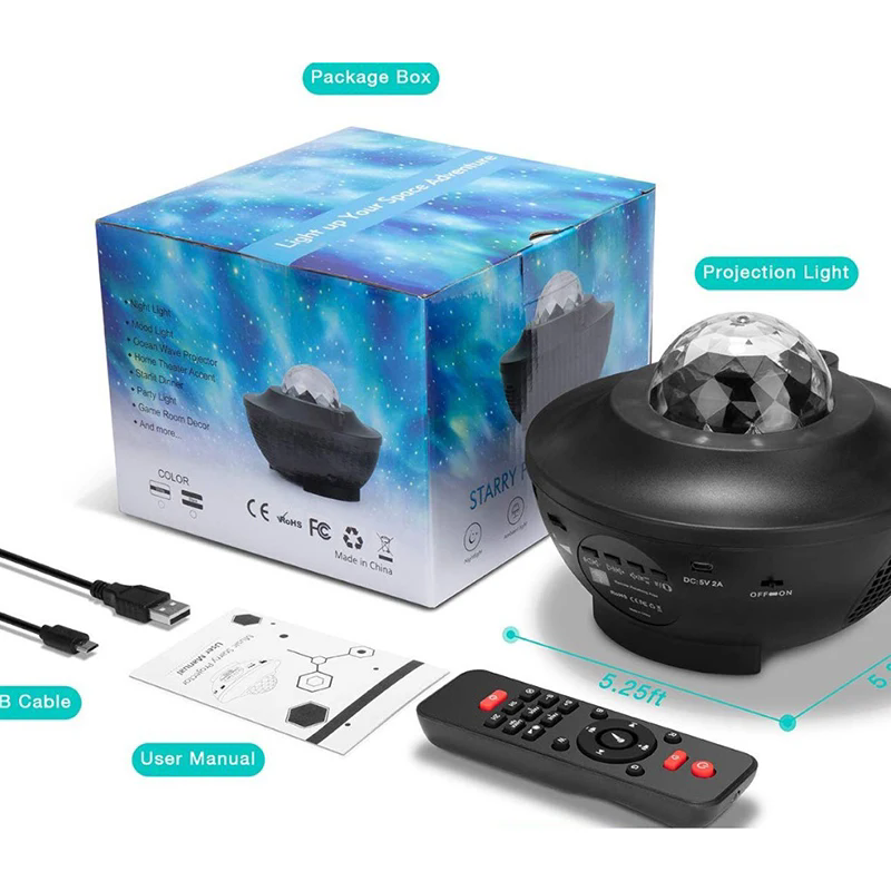 Romantic LED Star Ocean Wave Projector Night Light Galaxy Starry Sky Projector Night Lamp With Music Bluetooth Speaker