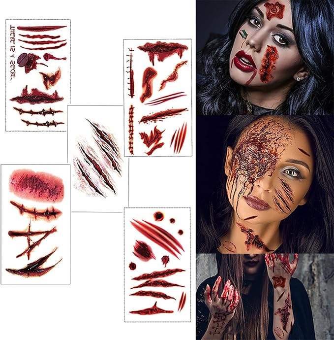 100pc Dinghaole 5 sheets Halloween Tattoo Stickers Halloween Set Scars Halloween Masquerade Faux Bloodied ScarsFace Decoration