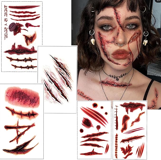 100pc Dinghaole 5 sheets Halloween Tattoo Stickers Halloween Set Scars Halloween Masquerade Faux Bloodied ScarsFace Decoration