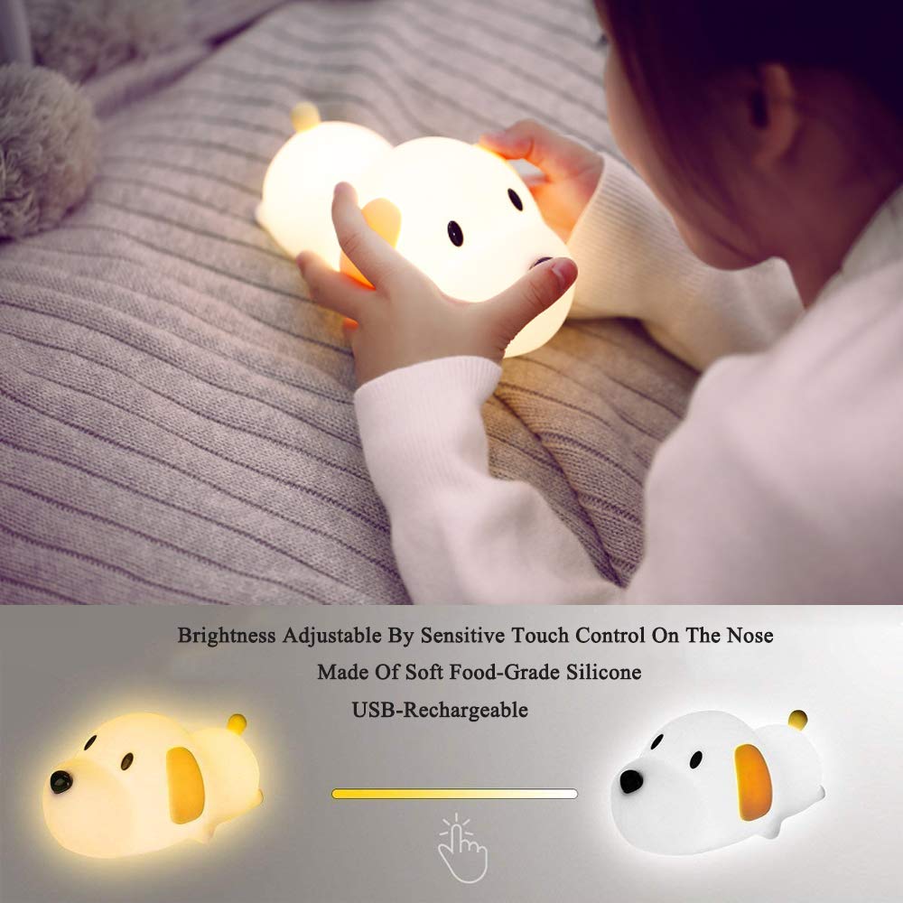 LED Kids Night Light, Cute Puppy Soft Silicone Baby Nursery Lamp-USB Rechargeable, Color Temperature and Brightness Adjustable, White and Warm can be Switched, Timing Function, Fabulous Ideal Gift