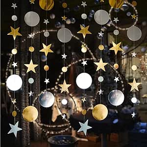 （48pcs 156inch） * 3 String Twinkle Little Star Party Garlands Glitter Hanging Moon Stars Decorations Banner Backdrop Decor for Ramadan Wedding Xmas Birthday EID Graduation