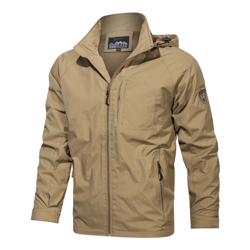 Men's Jacket Waterproof Outdoor Spring and Autumn Hooded Rushing Jacket Men's Coat Soft Shell Hooded Tactical Jacket with Pockets for Hiking Climbing Traveling