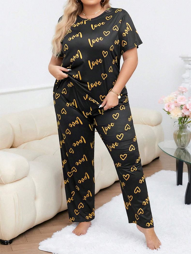 2Pcs Women's Sleepwear Long Sleeves T-shirt and Pants Loose Casual Top and Long Trousers Ladies Pajamas Comfortable Quality Clothing Set with Heart and Letters Printing
