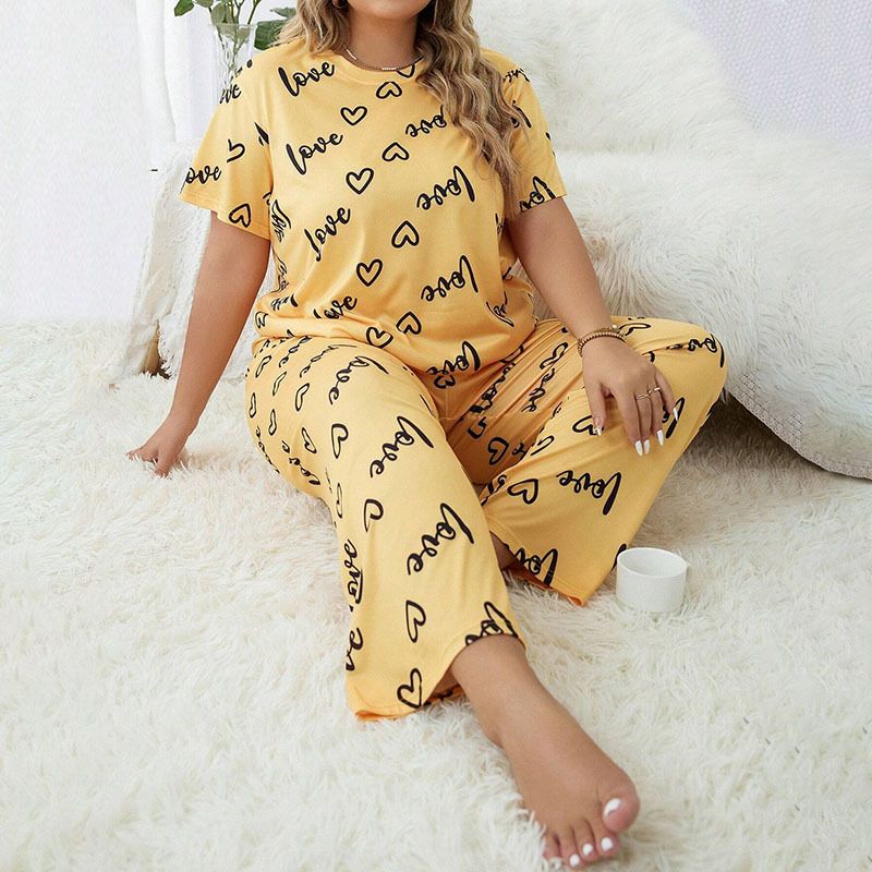 2Pcs Women's Sleepwear Long Sleeves T-shirt and Pants Loose Casual Top and Long Trousers Ladies Pajamas Comfortable Quality Clothing Set with Heart and Letters Printing