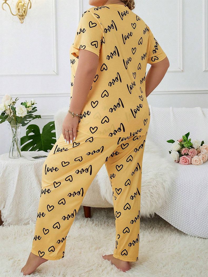 2Pcs Women's Sleepwear Long Sleeves T-shirt and Pants Loose Casual Top and Long Trousers Ladies Pajamas Comfortable Quality Clothing Set with Heart and Letters Printing