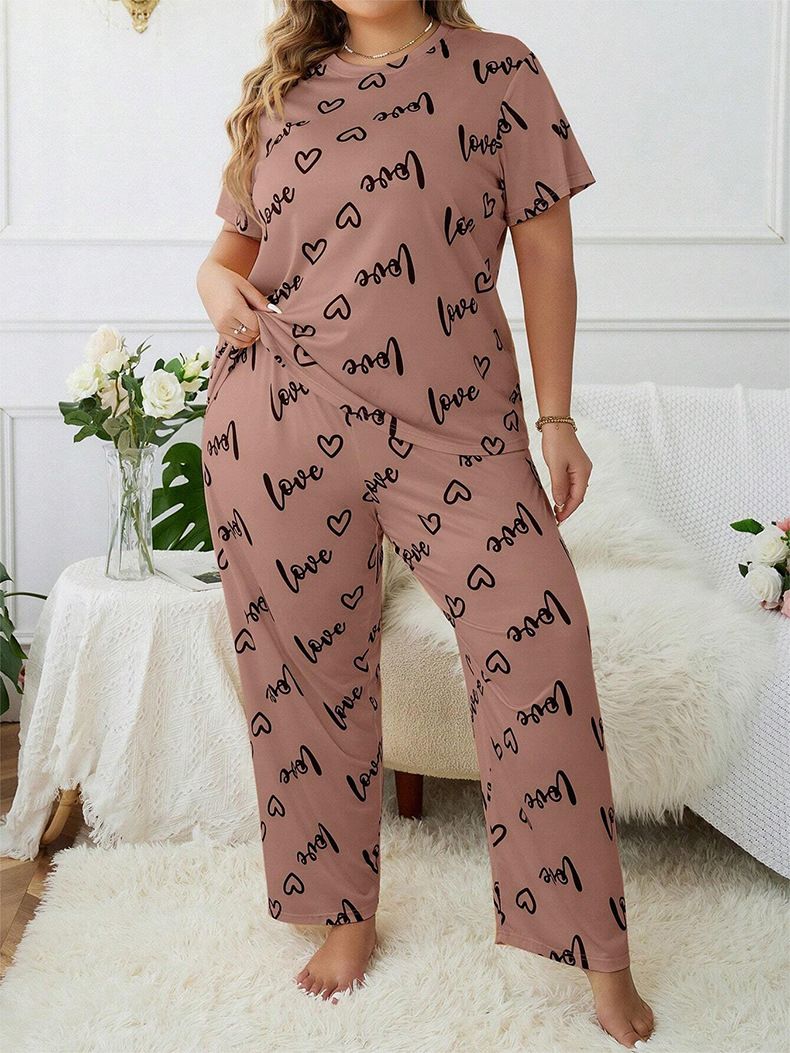 2Pcs Women's Sleepwear Long Sleeves T-shirt and Pants Loose Casual Top and Long Trousers Ladies Pajamas Comfortable Quality Clothing Set with Heart and Letters Printing