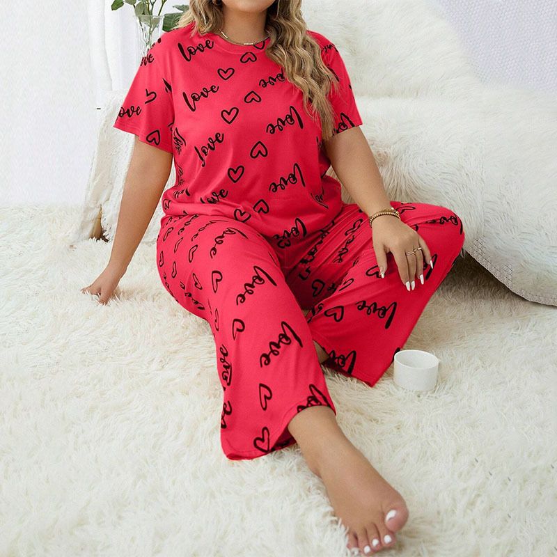 2Pcs Women's Sleepwear Long Sleeves T-shirt and Pants Loose Casual Top and Long Trousers Ladies Pajamas Comfortable Quality Clothing Set with Heart and Letters Printing