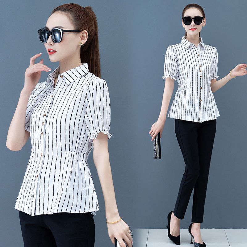 Printed Shirt Women's Summer Short Sleeve Top Plus Size Blouse Ladies' Waist Tops with Floral Printed Fashion Lady Working Clothes