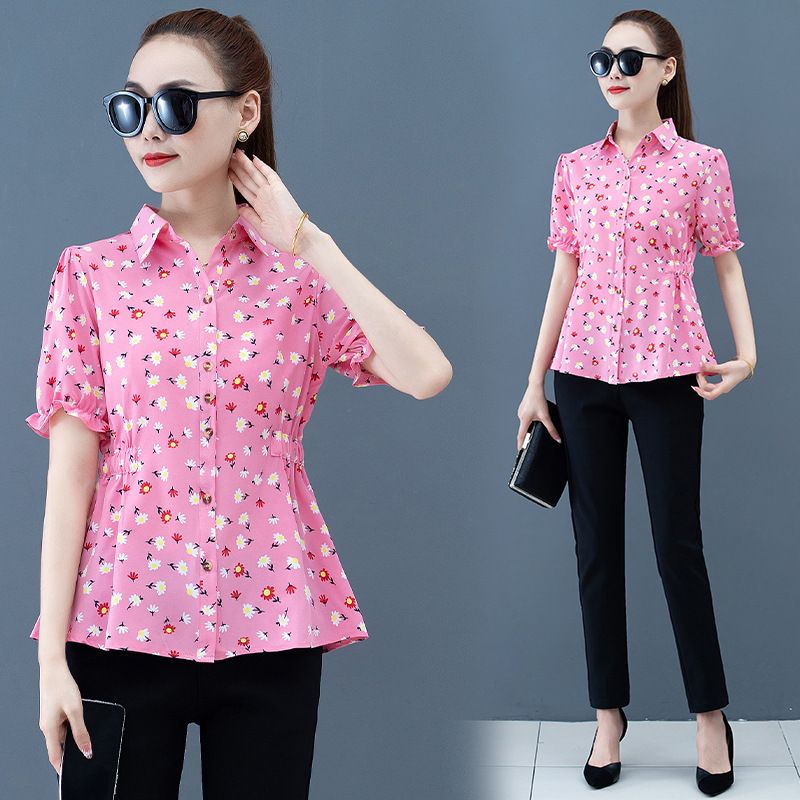 Printed Shirt Women's Summer Short Sleeve Top Plus Size Blouse Ladies' Waist Tops with Floral Printed Fashion Lady Working Clothes