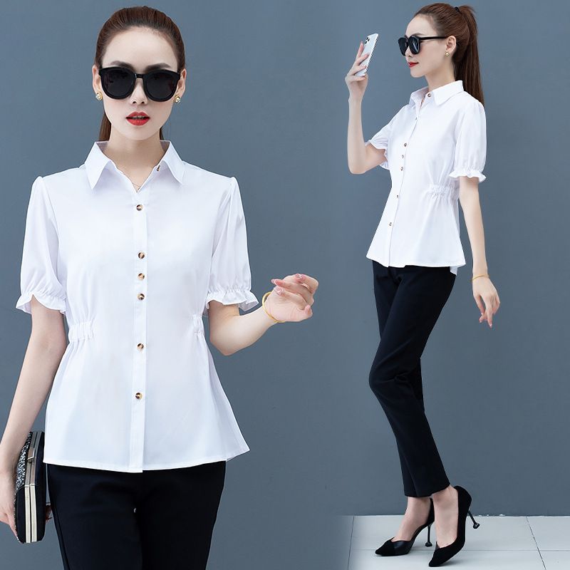 Printed Shirt Women's Summer Short Sleeve Top Plus Size Blouse Ladies' Waist Tops with Floral Printed Fashion Lady Working Clothes