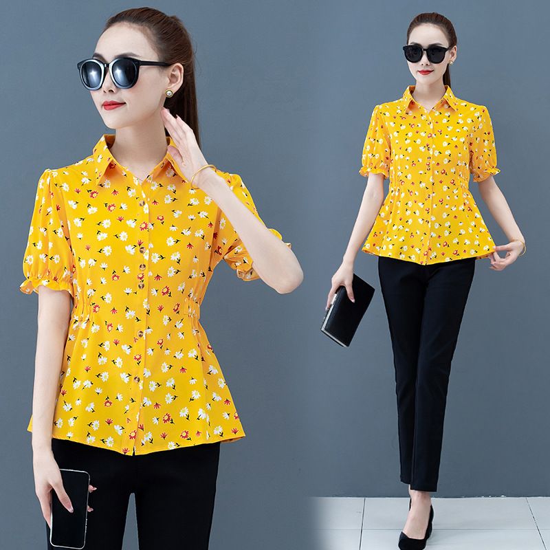 Printed Shirt Women's Summer Short Sleeve Top Plus Size Blouse Ladies' Waist Tops with Floral Printed Fashion Lady Working Clothes