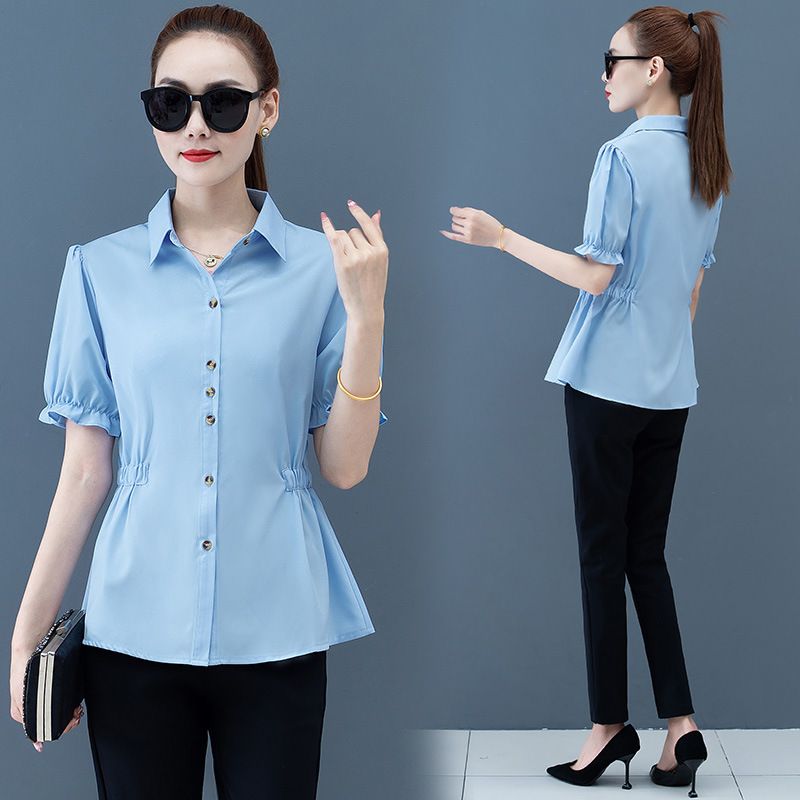 Printed Shirt Women's Summer Short Sleeve Top Plus Size Blouse Ladies' Waist Tops with Floral Printed Fashion Lady Working Clothes