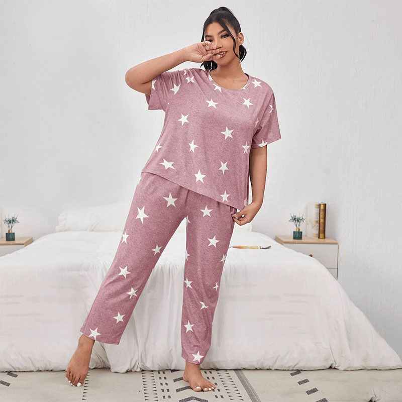 2 Pcs Women's Pajamas Set Short Sleeve Top Long Pants Star Printing Cute Comfortable Home Women Sleepwear Love Printing Nightwear Clothes Plus Size