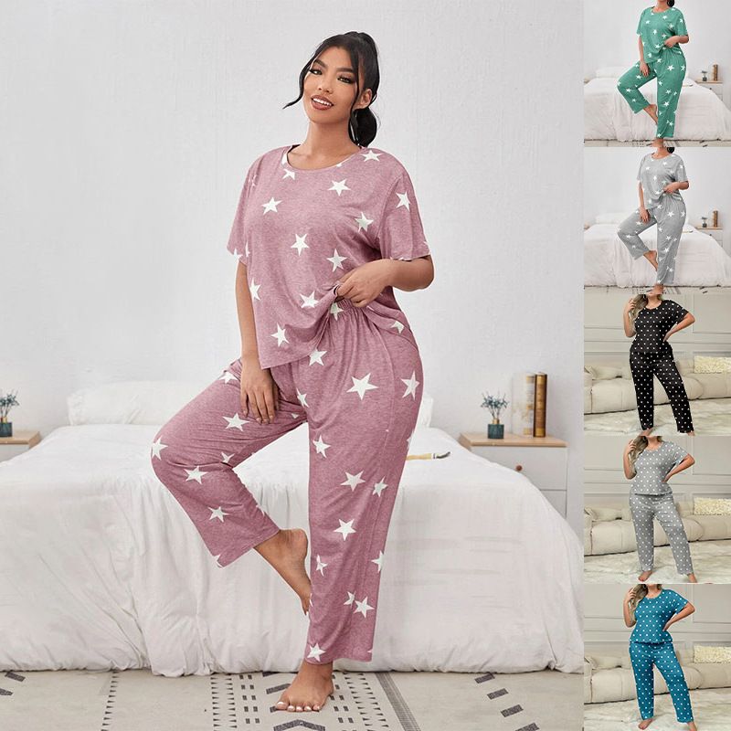 2 Pcs Women's Pajamas Set Short Sleeve Top Long Pants Star Printing Cute Comfortable Home Women Sleepwear Love Printing Nightwear Clothes Plus Size
