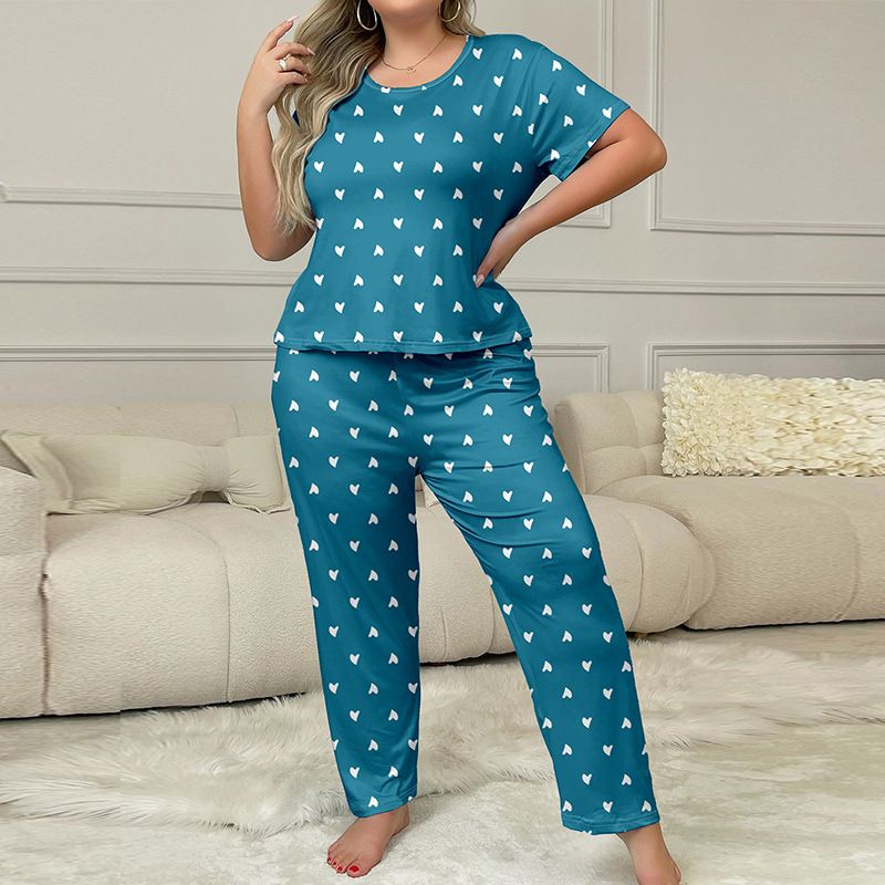 2 Pcs Women's Pajamas Set Short Sleeve Top Long Pants Star Printing Cute Comfortable Home Women Sleepwear Love Printing Nightwear Clothes Plus Size