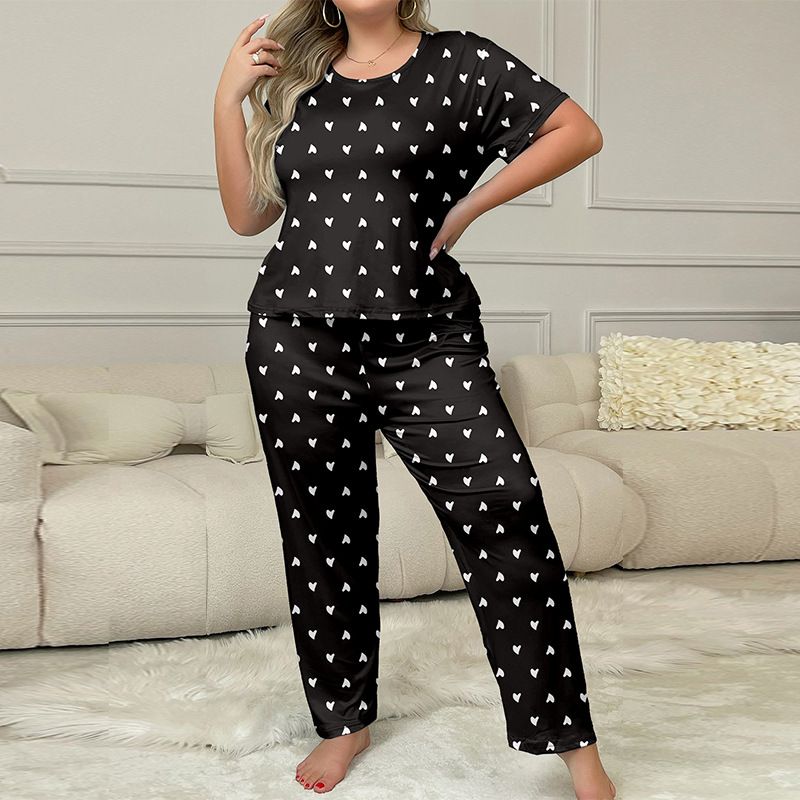 2 Pcs Women's Pajamas Set Short Sleeve Top Long Pants Star Printing Cute Comfortable Home Women Sleepwear Love Printing Nightwear Clothes Plus Size
