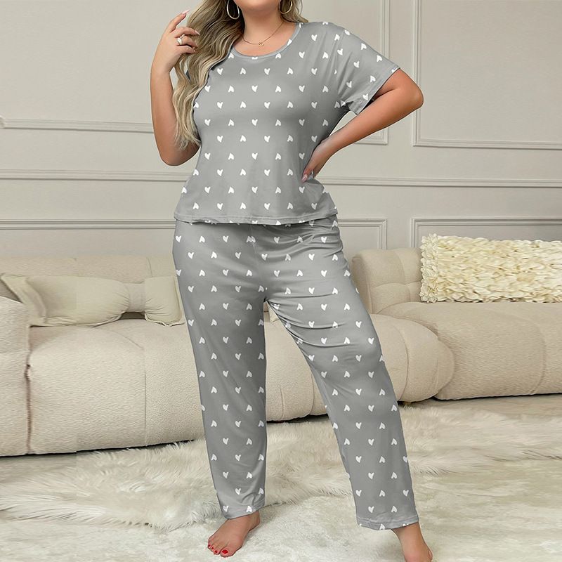 2 Pcs Women's Pajamas Set Short Sleeve Top Long Pants Star Printing Cute Comfortable Home Women Sleepwear Love Printing Nightwear Clothes Plus Size