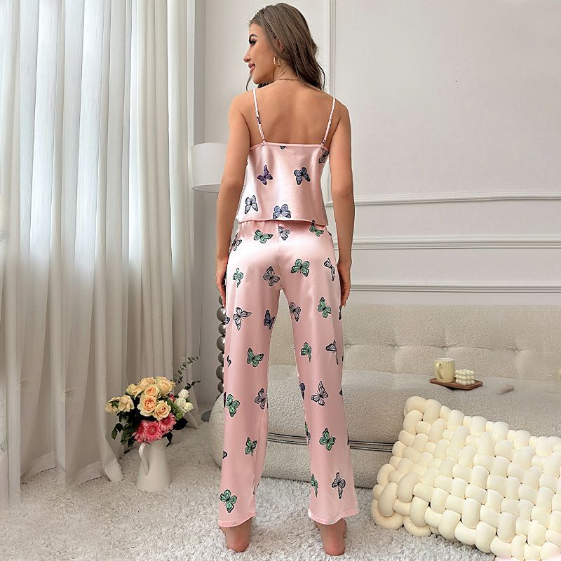 Women Silk Satin Pajamas Sleeveless Pjs Long Pants Set 2 Piece Summer Loungewear Sleepwear Cami Top and Trousers with Butterfly Printing