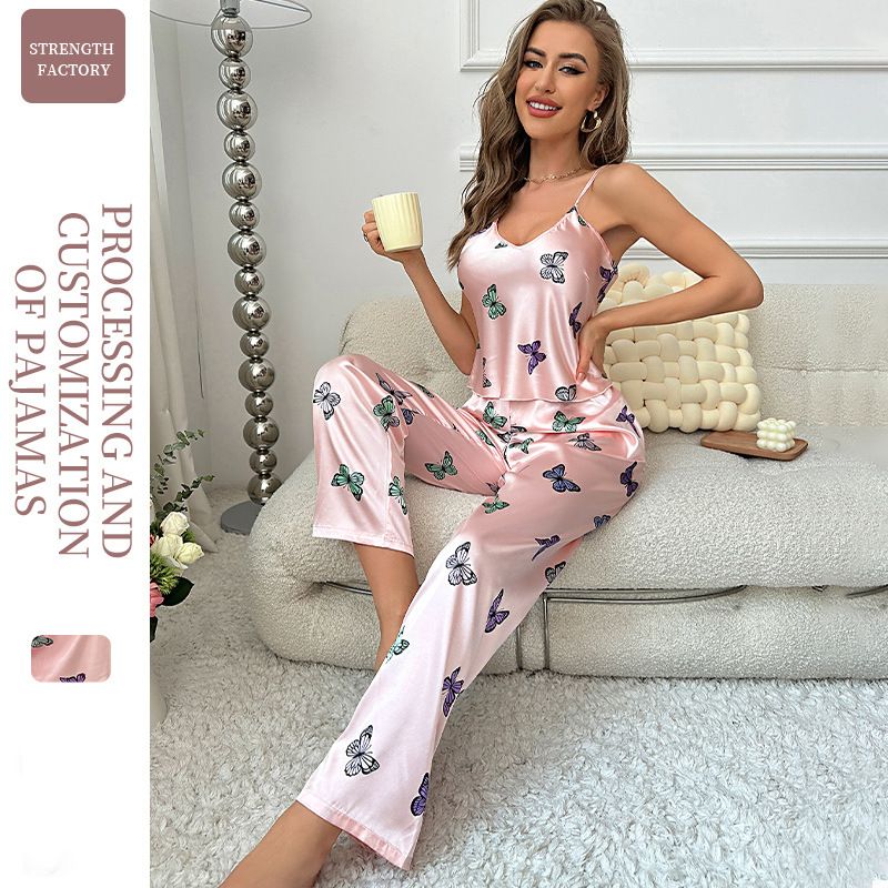 Women Silk Satin Pajamas Sleeveless Pjs Long Pants Set 2 Piece Summer Loungewear Sleepwear Cami Top and Trousers with Butterfly Printing