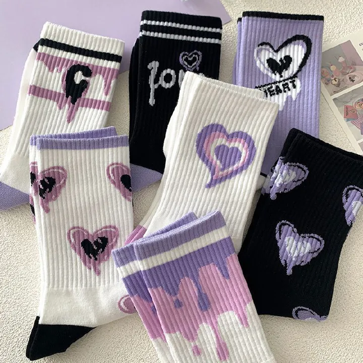 7 Pairs Women's Mid-calf Socks Trend Versatile Purple Love Stockings Cute Socks for Ladies