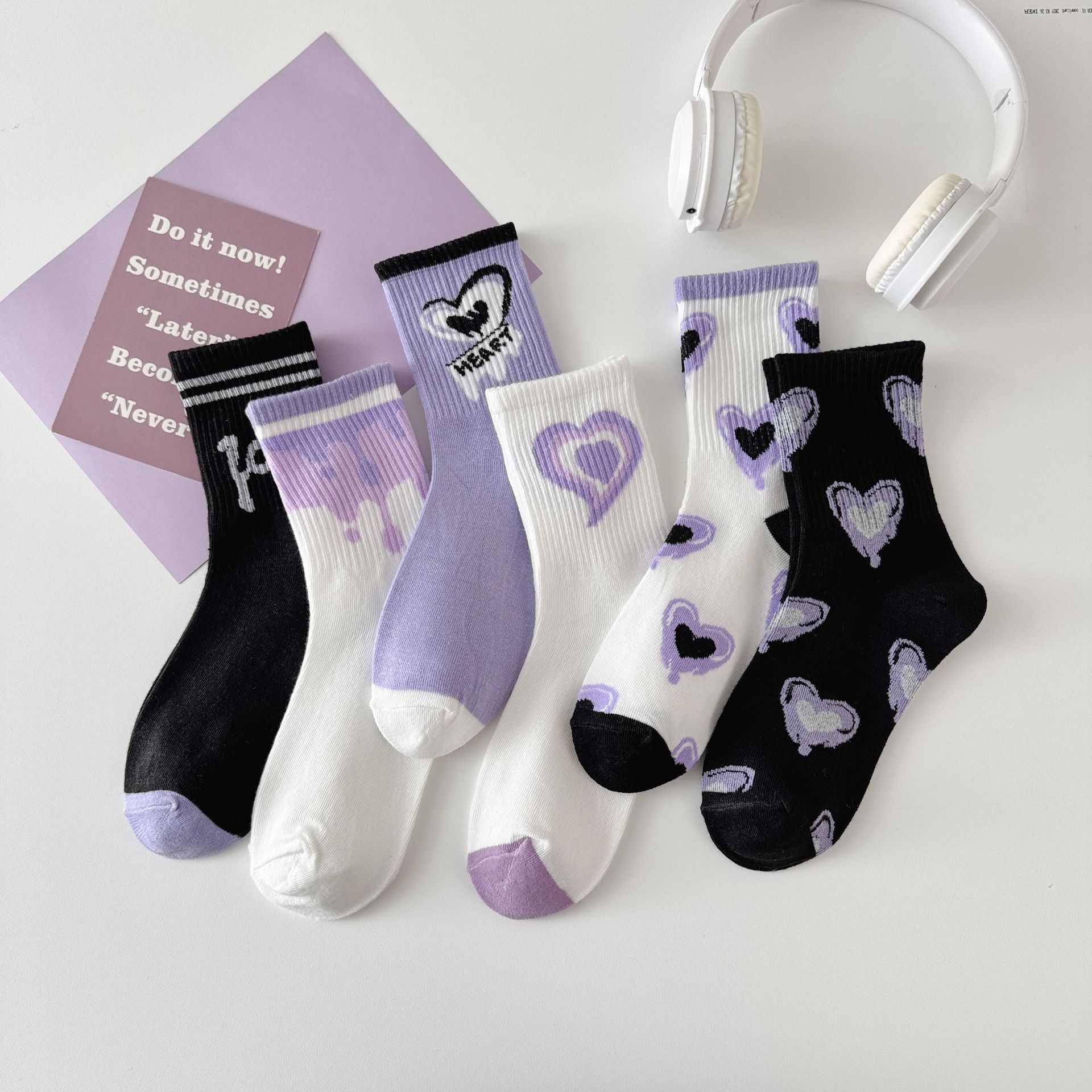 7 Pairs Women's Mid-calf Socks Trend Versatile Purple Love Stockings Cute Socks for Ladies
