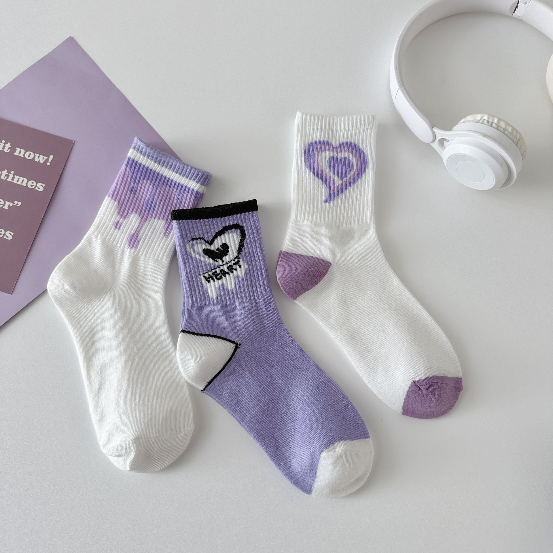 7 Pairs Women's Mid-calf Socks Trend Versatile Purple Love Stockings Cute Socks for Ladies