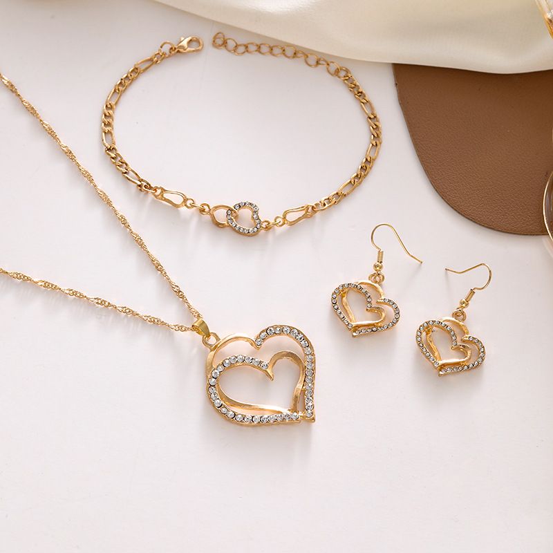 New Double Heart-Shaped Jewelry Set Earrings Necklace and Bracelet for Weddings Evening Parties Bridal Accessories Valentine's Day Gift for Girlfriend Heartfelt Gift for Best Friend