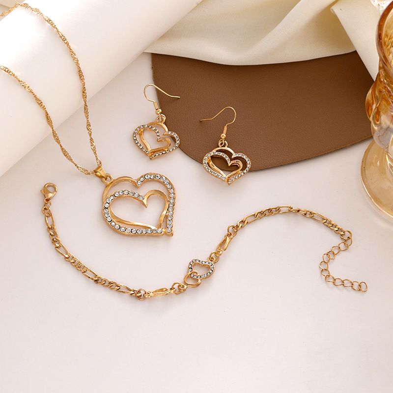New Double Heart-Shaped Jewelry Set Earrings Necklace and Bracelet for Weddings Evening Parties Bridal Accessories Valentine's Day Gift for Girlfriend Heartfelt Gift for Best Friend