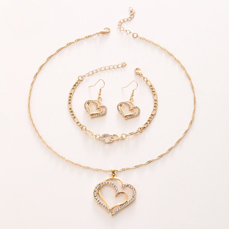 New Double Heart-Shaped Jewelry Set Earrings Necklace and Bracelet for Weddings Evening Parties Bridal Accessories Valentine's Day Gift for Girlfriend Heartfelt Gift for Best Friend