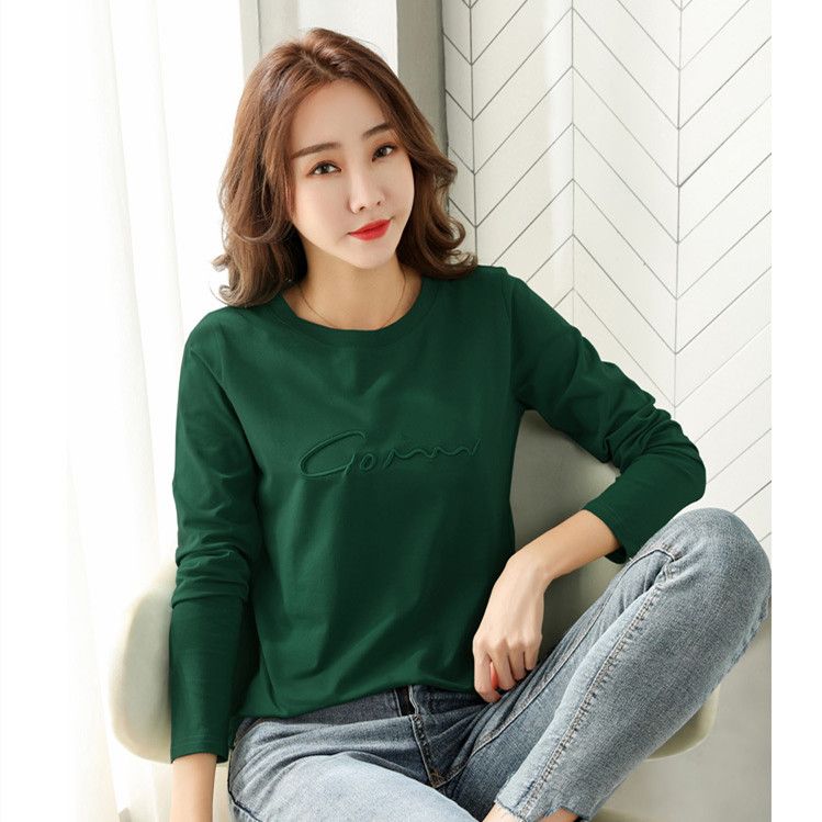Plus-Size Cotton Top for Women Autumn and Winter New Long-Sleeve T-Shirt with Embroidered Letters Slim-Fit Base Shirt for Ladies