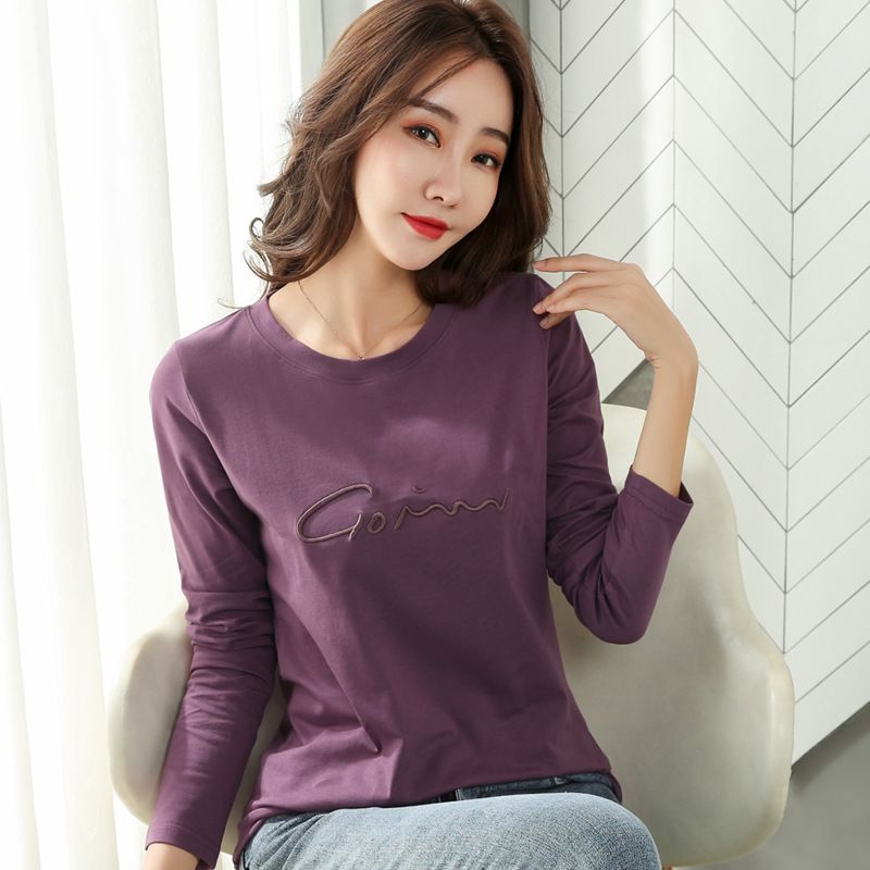Plus-Size Cotton Top for Women Autumn and Winter New Long-Sleeve T-Shirt with Embroidered Letters Slim-Fit Base Shirt for Ladies