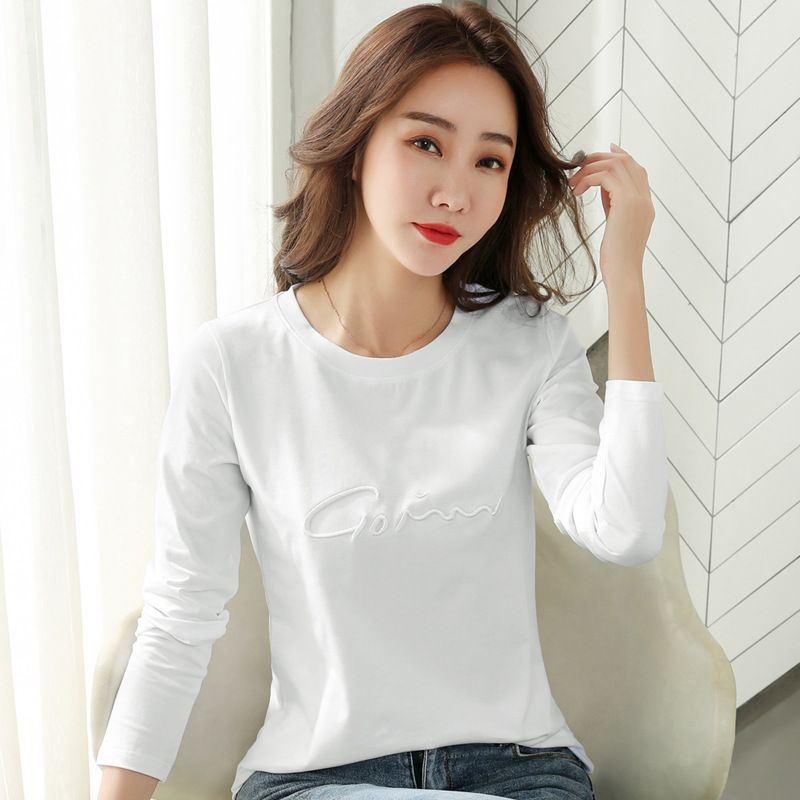 Plus-Size Cotton Top for Women Autumn and Winter New Long-Sleeve T-Shirt with Embroidered Letters Slim-Fit Base Shirt for Ladies