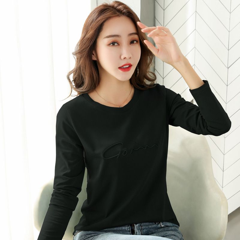 Plus-Size Cotton Top for Women Autumn and Winter New Long-Sleeve T-Shirt with Embroidered Letters Slim-Fit Base Shirt for Ladies