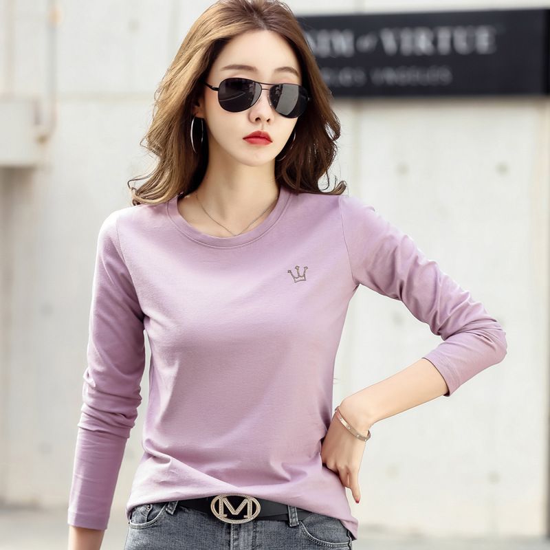 Women's Solid Color Top Embroidered Crown Base Shirt Pure Cotton INS Style Slim-Fit Long-Sleeve T-Shirt for Ladies