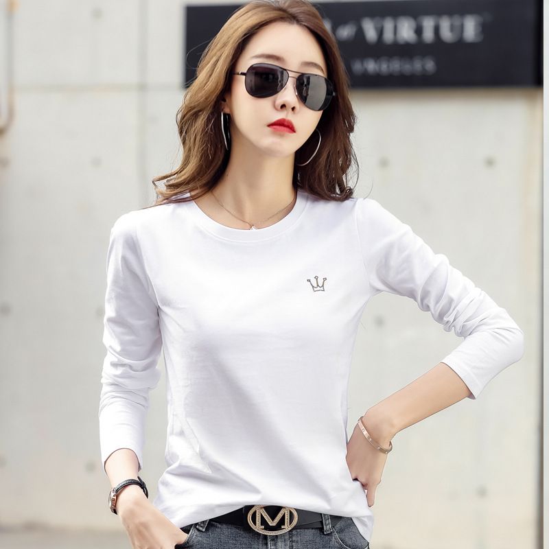 Women's Solid Color Top Embroidered Crown Base Shirt Pure Cotton INS Style Slim-Fit Long-Sleeve T-Shirt for Ladies