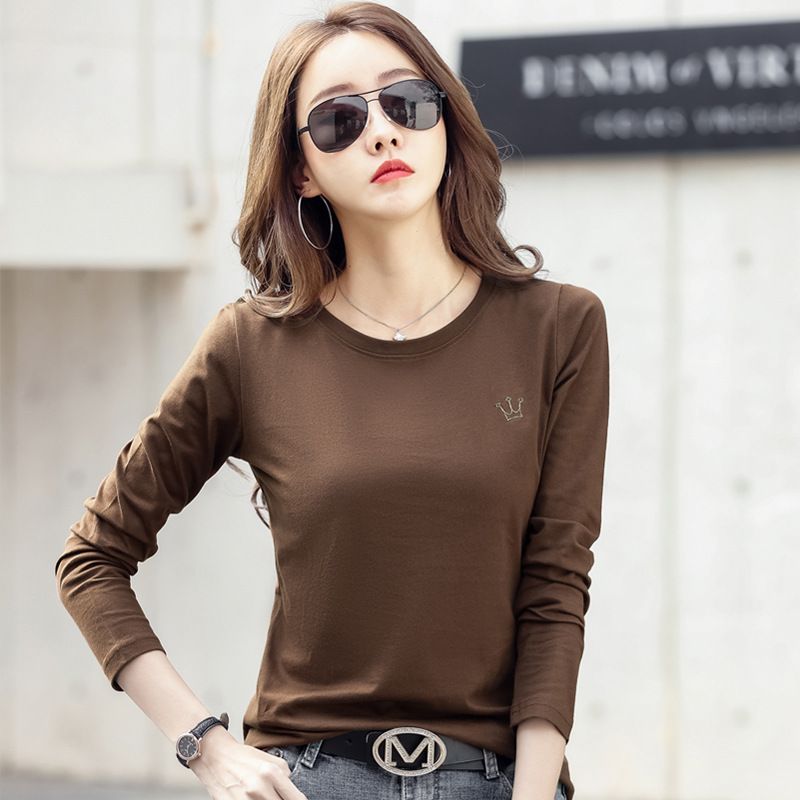 Women's Solid Color Top Embroidered Crown Base Shirt Pure Cotton INS Style Slim-Fit Long-Sleeve T-Shirt for Ladies