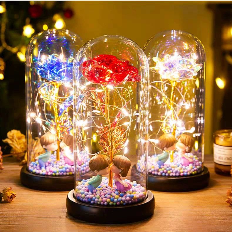 Perfect Gift for Girlfriend Eternal Rose Artificial Flower Doll with Glass Cover Valentine's Day Gift Birthday Present Night Light Decoration for Couples Home Decor