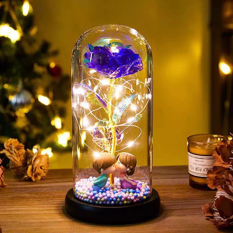 Perfect Gift for Girlfriend Eternal Rose Artificial Flower Doll with Glass Cover Valentine's Day Gift Birthday Present Night Light Decoration for Couples Home Decor