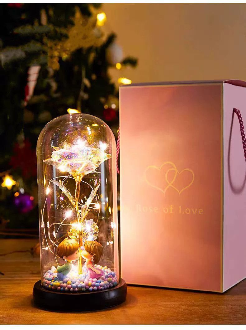 Perfect Gift for Girlfriend Eternal Rose Artificial Flower Doll with Glass Cover Valentine's Day Gift Birthday Present Night Light Decoration for Couples Home Decor