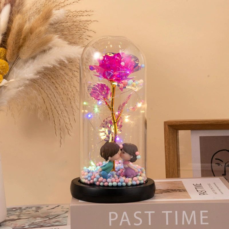 Perfect Gift for Girlfriend Eternal Rose Artificial Flower Doll with Glass Cover Valentine's Day Gift Birthday Present Night Light Decoration for Couples Home Decor