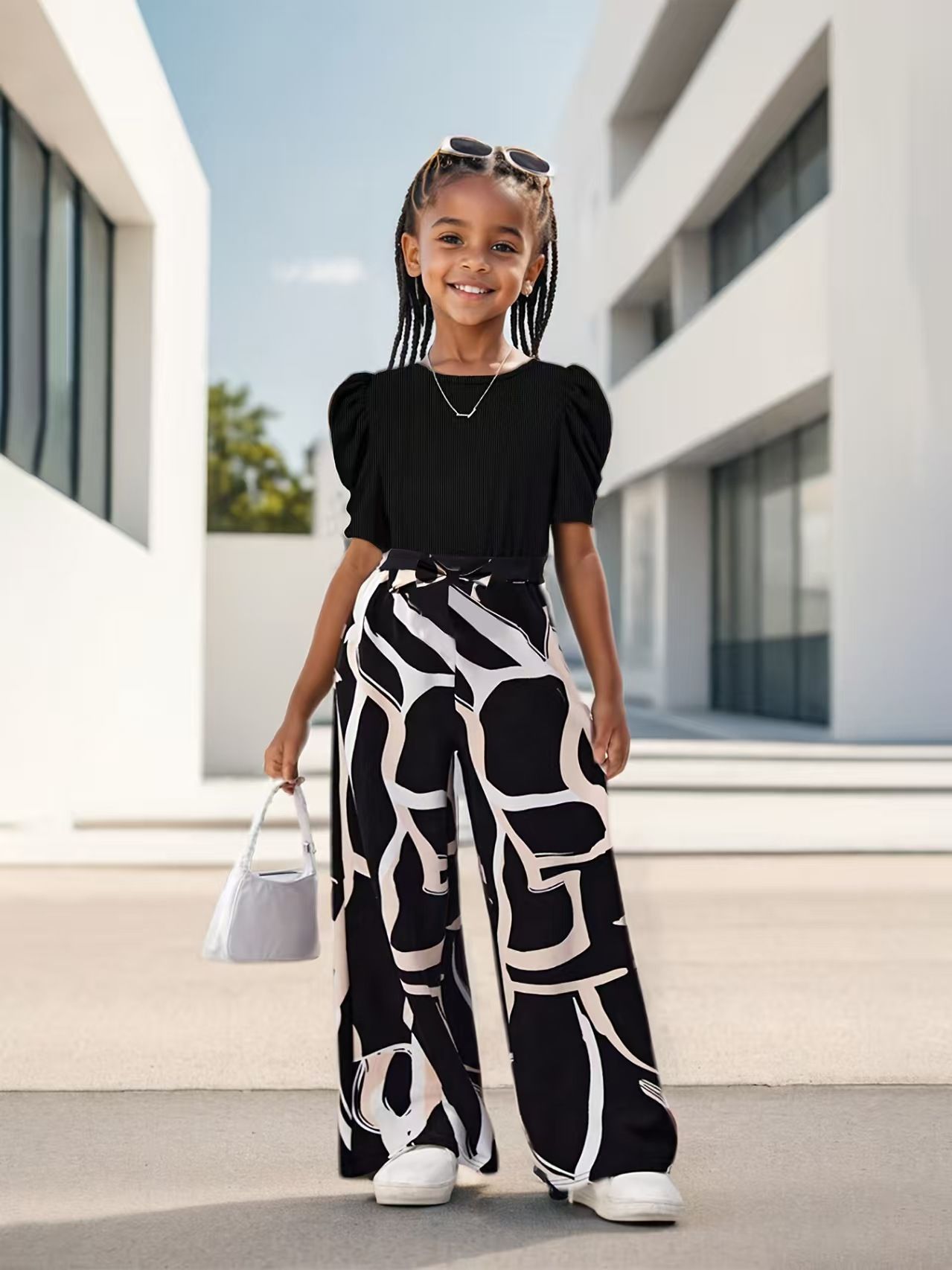 INS Girls Summer Clothing Puff Sleeve Fashion Casual Top Short Sleeve T-Shirt Floral Print Wide-Leg Pants Children's Set Kids Clothes